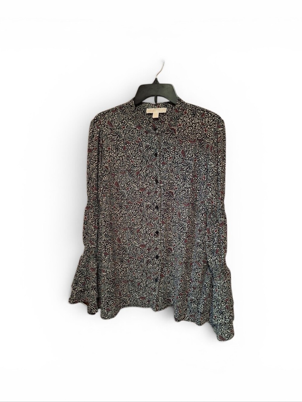 MICHAEL KORS BLOUSE LONG BELL SLEEVE WHITE/BLACK/RED BUTTON UP Large Career
